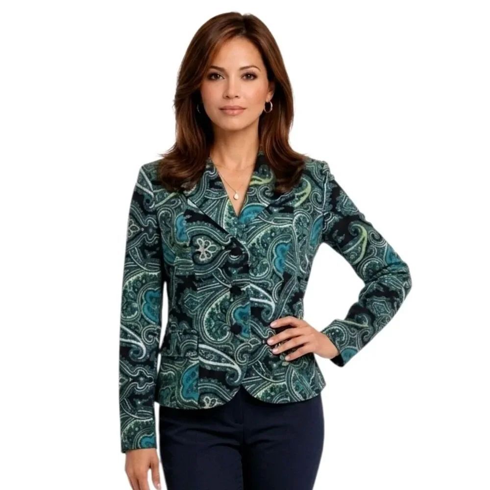Talbots TealĀ Paisley Patterned VelvetāStretchāButtonedāBlazerāSizeā4